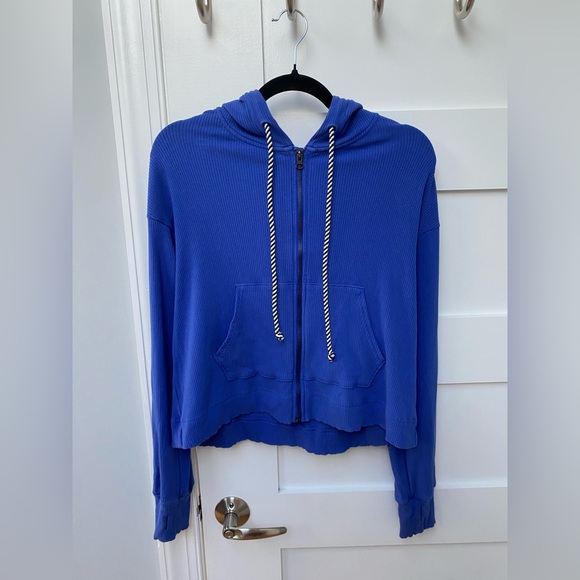 Terez blue ribbed zip up cropped hoodie - Picture 3 of 7